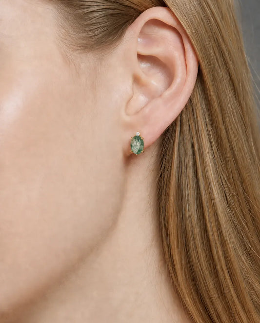 Oval green moss agate stud earrings with a single cubic zirconia in 10K gold plated silver