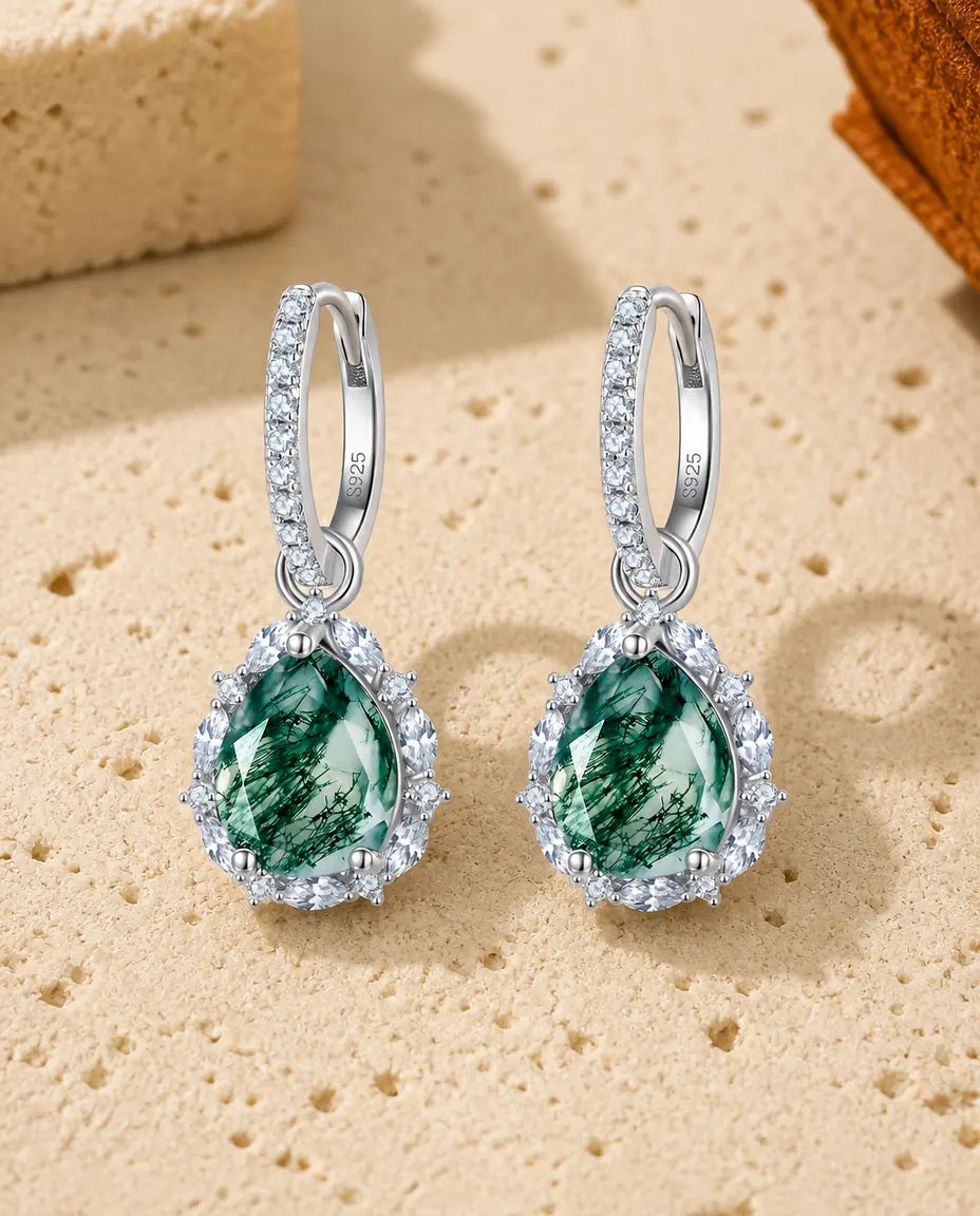 Moss Agate Halo Drop Earrings