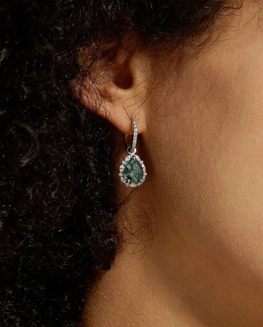 Moss Agate Halo Drop Earrings