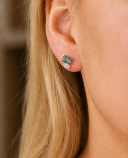 Moss agate and opal gold stud earrings
