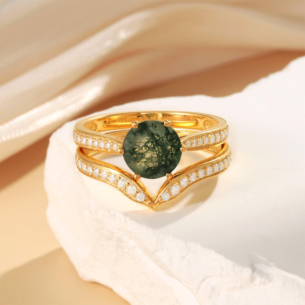 Moss Agate Engagement Ring Set with Moissanite 14/18k Yellow Gold