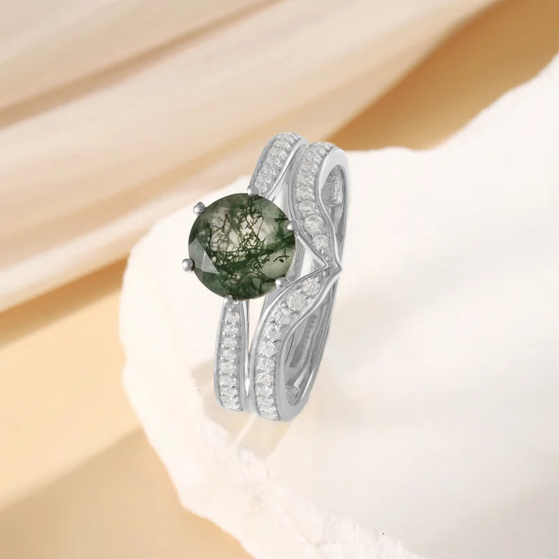 Moss Agate Engagement Ring Set with Moissanite