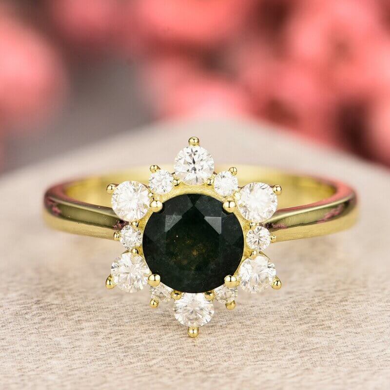 Moss Agate Ring with Moissanite Sterling Silver