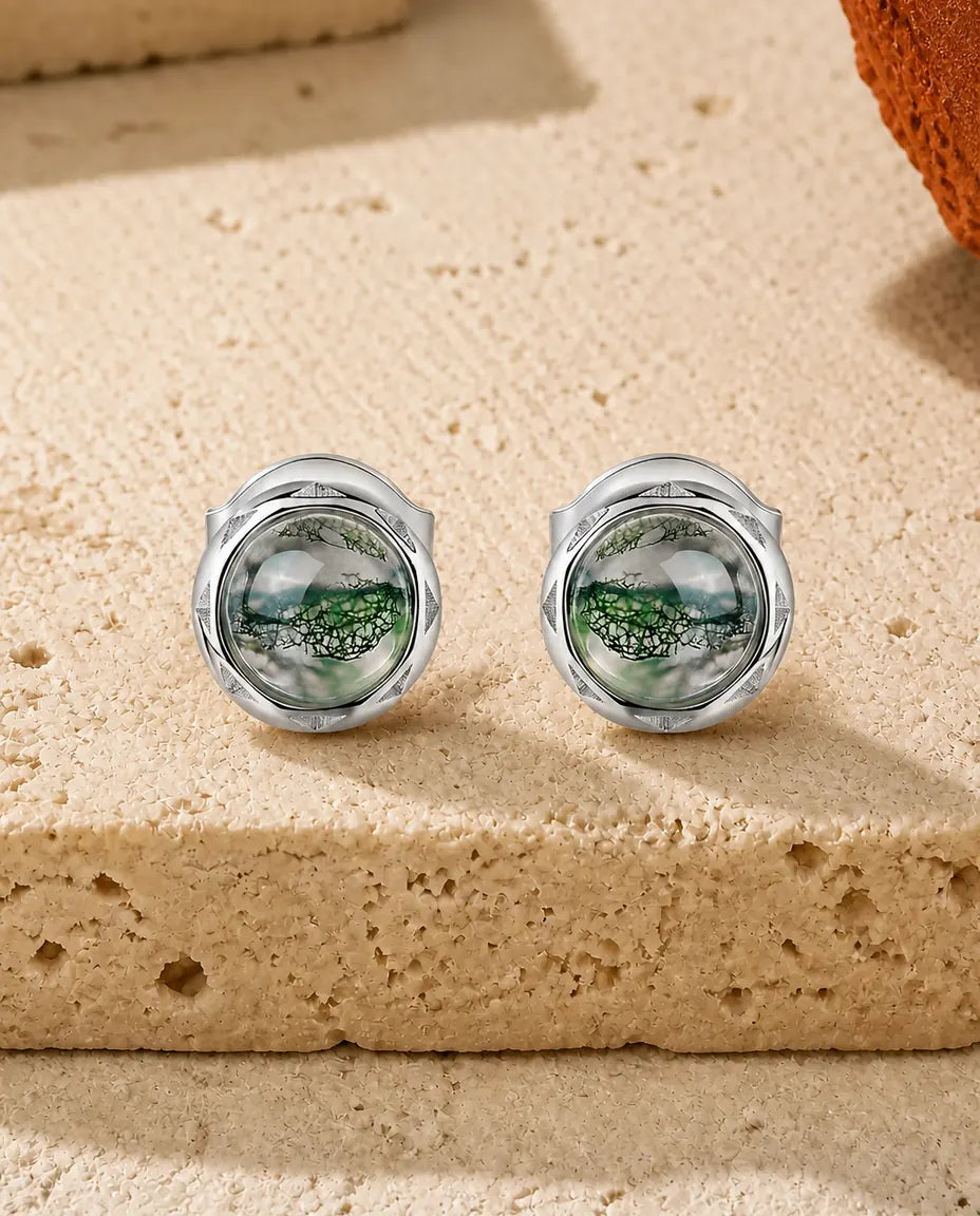 Round green moss agate cabochon stud earrings in a twisted rope bezel in 925 sterling silver