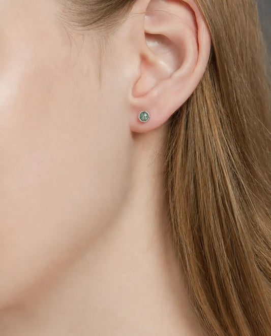 Round green moss agate cabochon stud earrings in a twisted rope bezel in 925 sterling silver