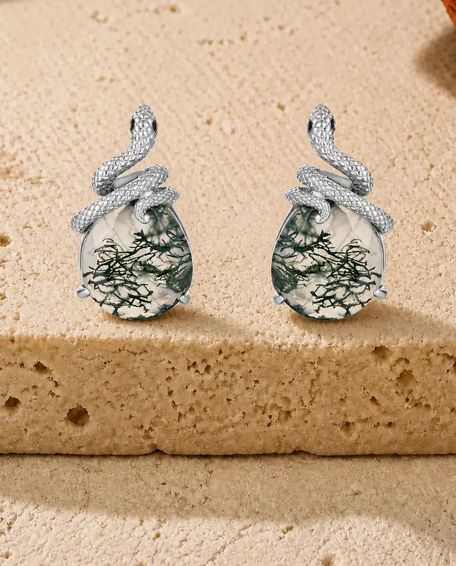Snake wrap moss agate stud earrings