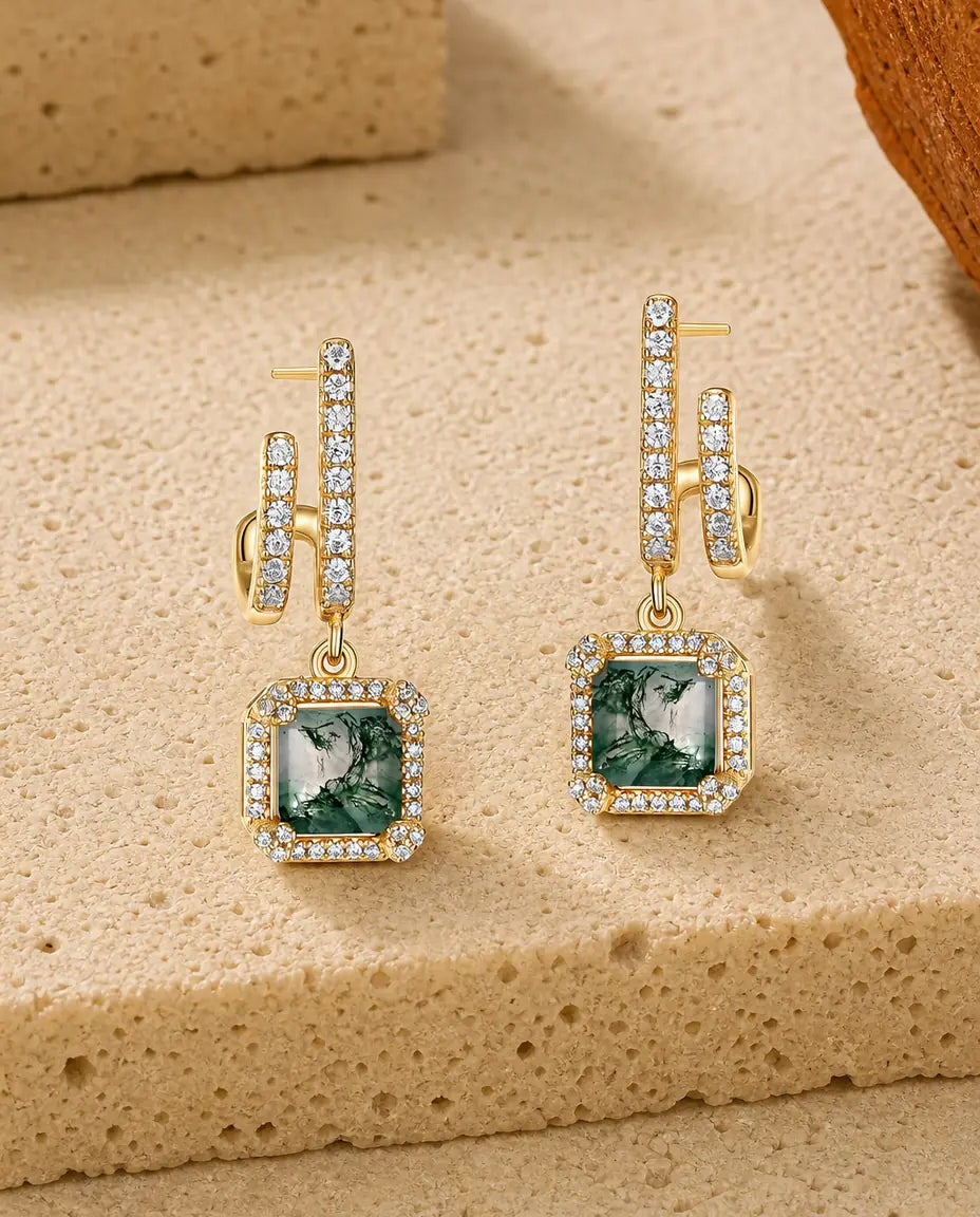 Square cut green moss agate drop earrings with cubic zirconia halo on pave bar studs