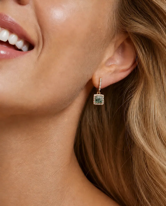 Square cut green moss agate drop earrings with cubic zirconia halo on pave bar studs