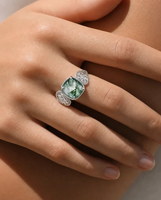 Moss agate cushion statement ring in sterling silver with baroque filigree scroll shoulders