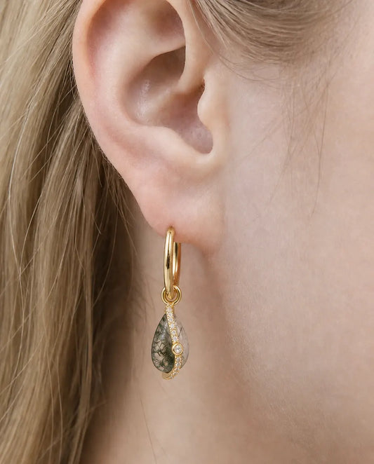 Moss agate teardrop huggie hoop earrings in gold