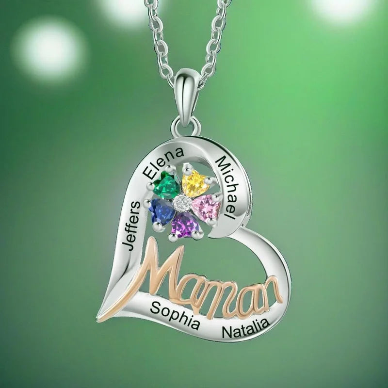 Personalised Necklace for Mum | Mum Necklace with Children's Names | Heart Birthstone Necklace
