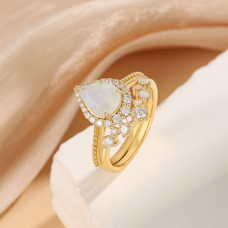 Natural Moonstone Engagement Ring Set Pear Shaped