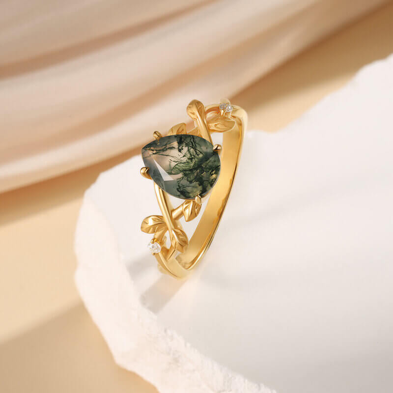 Natural Moss Agate Ring with Moissanite Pear Cut 18K Gold