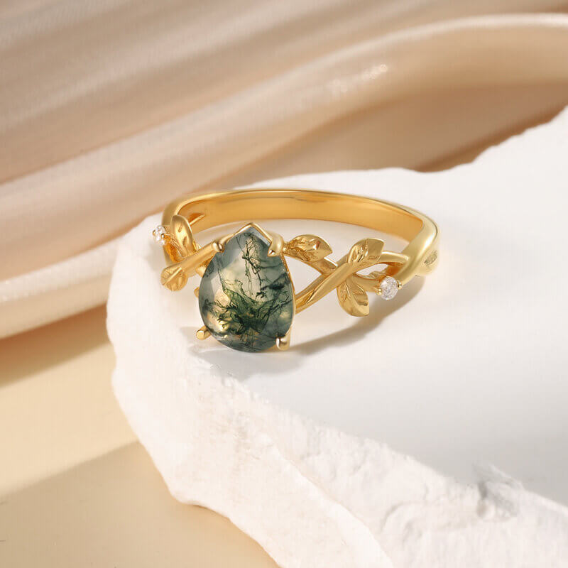 Natural Moss Agate Ring with Moissanite Pear Cut 18K Gold