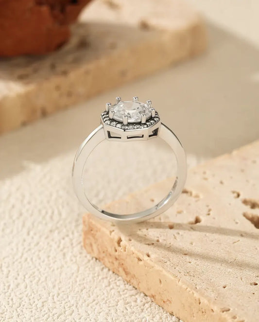 Octagon halo step cut zirconia solitaire ring in 925 sterling silver