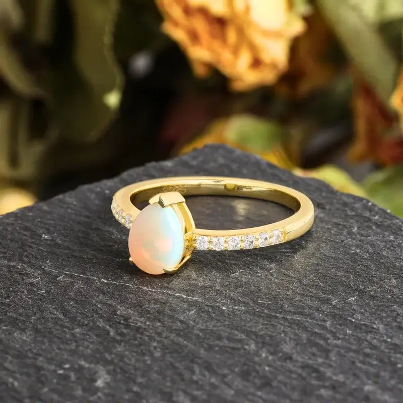 Opal Wedding Ring with Moissanite Pear Shaped Sterling Silver