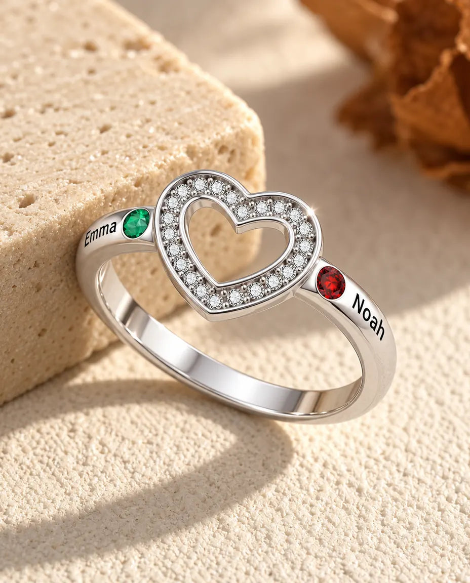 personalised open heart birthstone ring with 2 names and 2 bezel set birthstones on a single band, rhodium plated