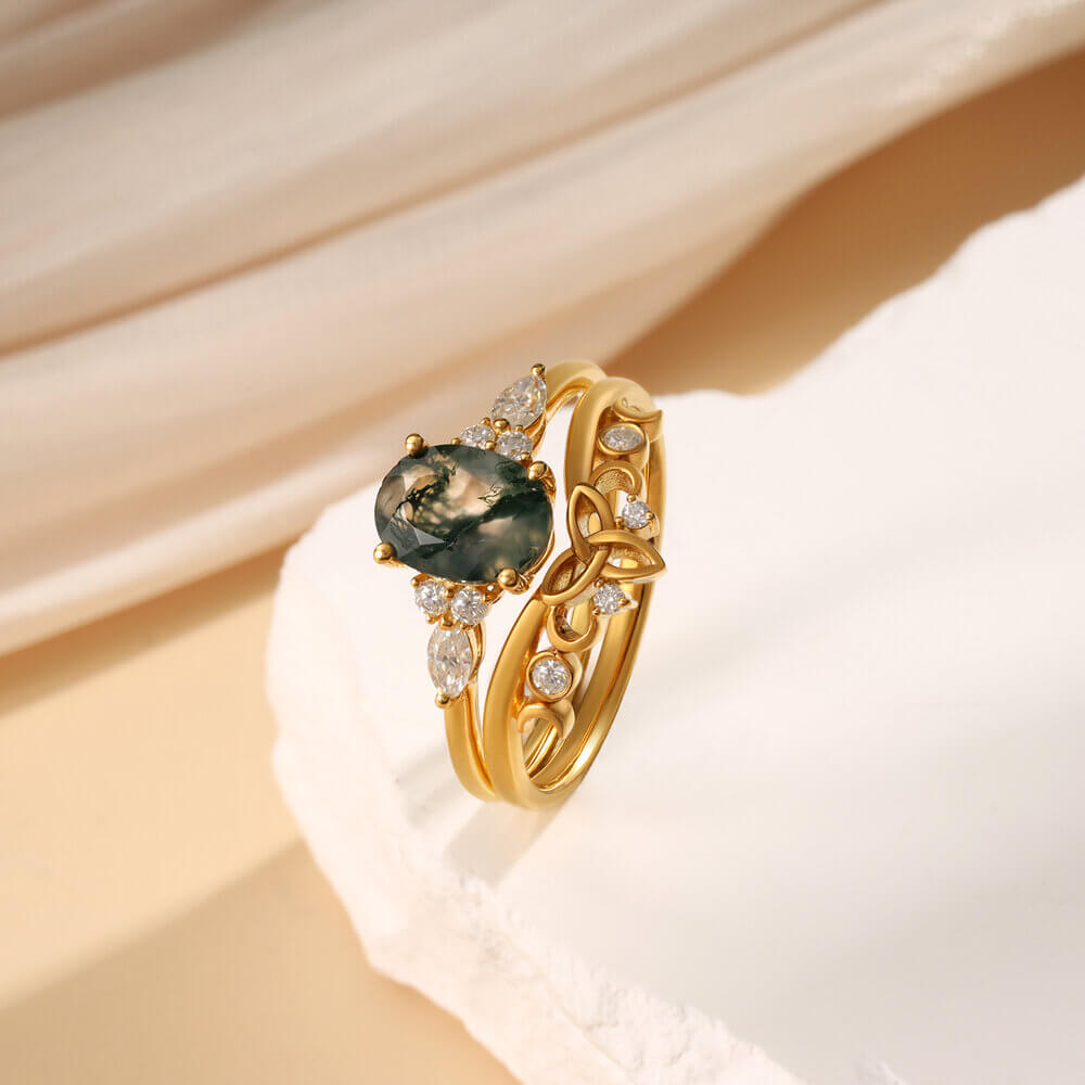 Oval Moss Agate Engagement Ring Set with Moissanite 18K Gold
