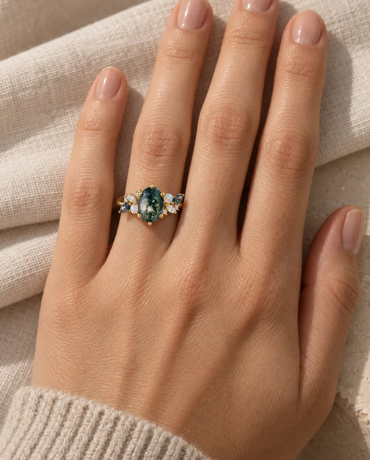 Moss Agate Ring - worn on the hand
