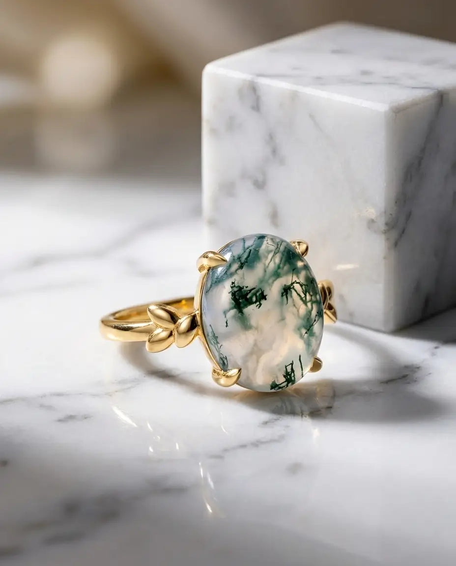 Oval Moss Agate Solitaire Ring - 10k Gold Plated Leaf Design IfShe UK