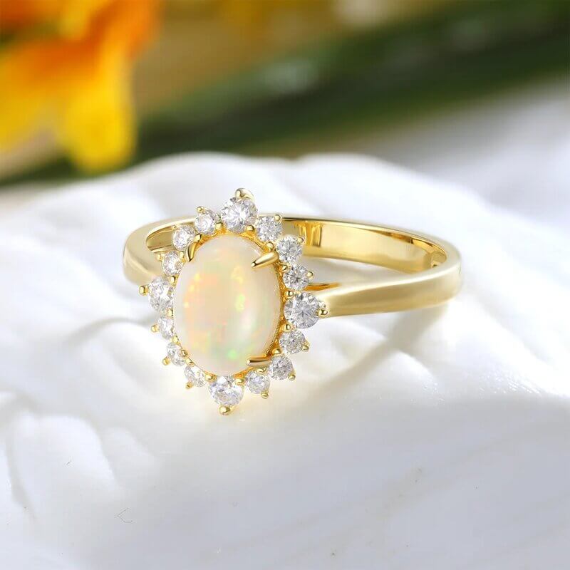 Oval Opal Engagement Ring with Moissanite 14/18k Yellow Gold