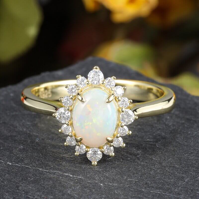 Oval Opal Engagement Ring with Moissanite Sterling Silver
