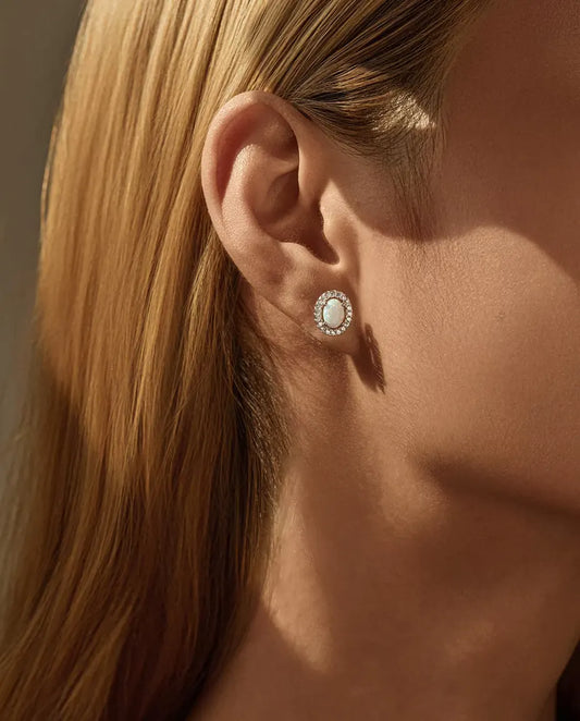 Oval Opal Halo Stud Earrings in 925 Sterling Silver