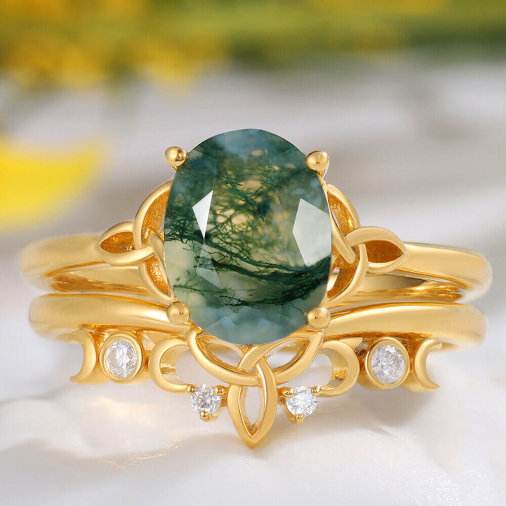 Oval Shaped Moss Agate Engagement Ring Set with Moissanite 14/18K Gold