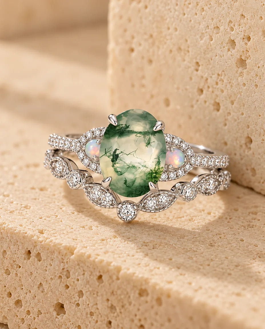 Oval Moss Agate & Opal Bridal Ring Set - the complete set