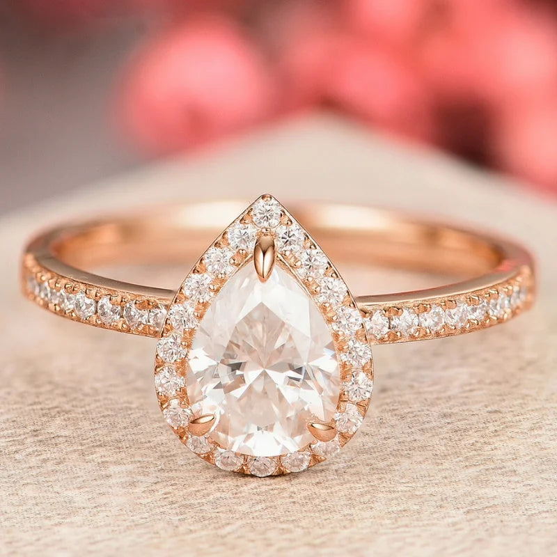 Pear Shaped Moissanite Engagement Halo Ring
