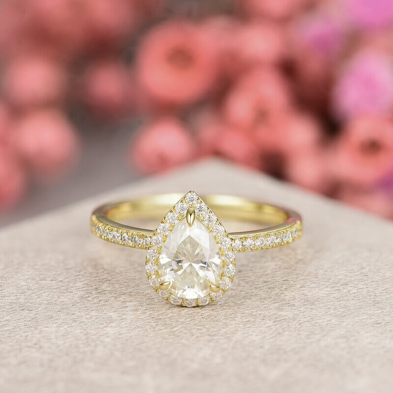 Pear Shaped Moissanite Engagement Halo Ring Sterling Silver with Yellow Gold Plated