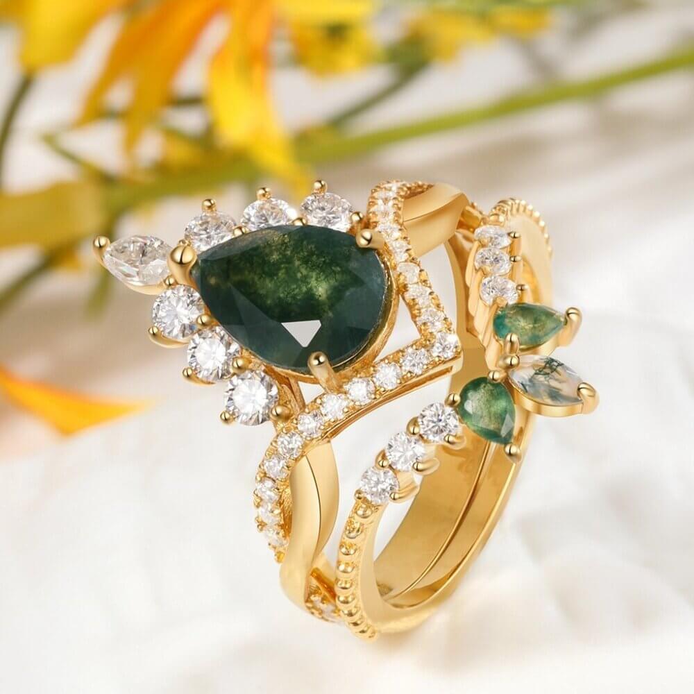 Pear Shaped Moss Agate Ring with Moissanite 18K Yellow Gold