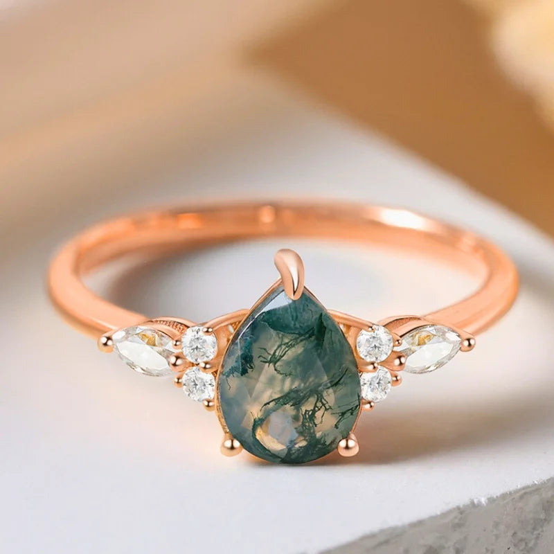 Pear Shaped Moss Agate Ring with Moissanite
