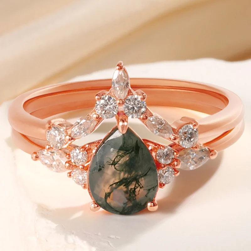 Pear Shaped Moss Agate Engagement Ring Set with Moissanite