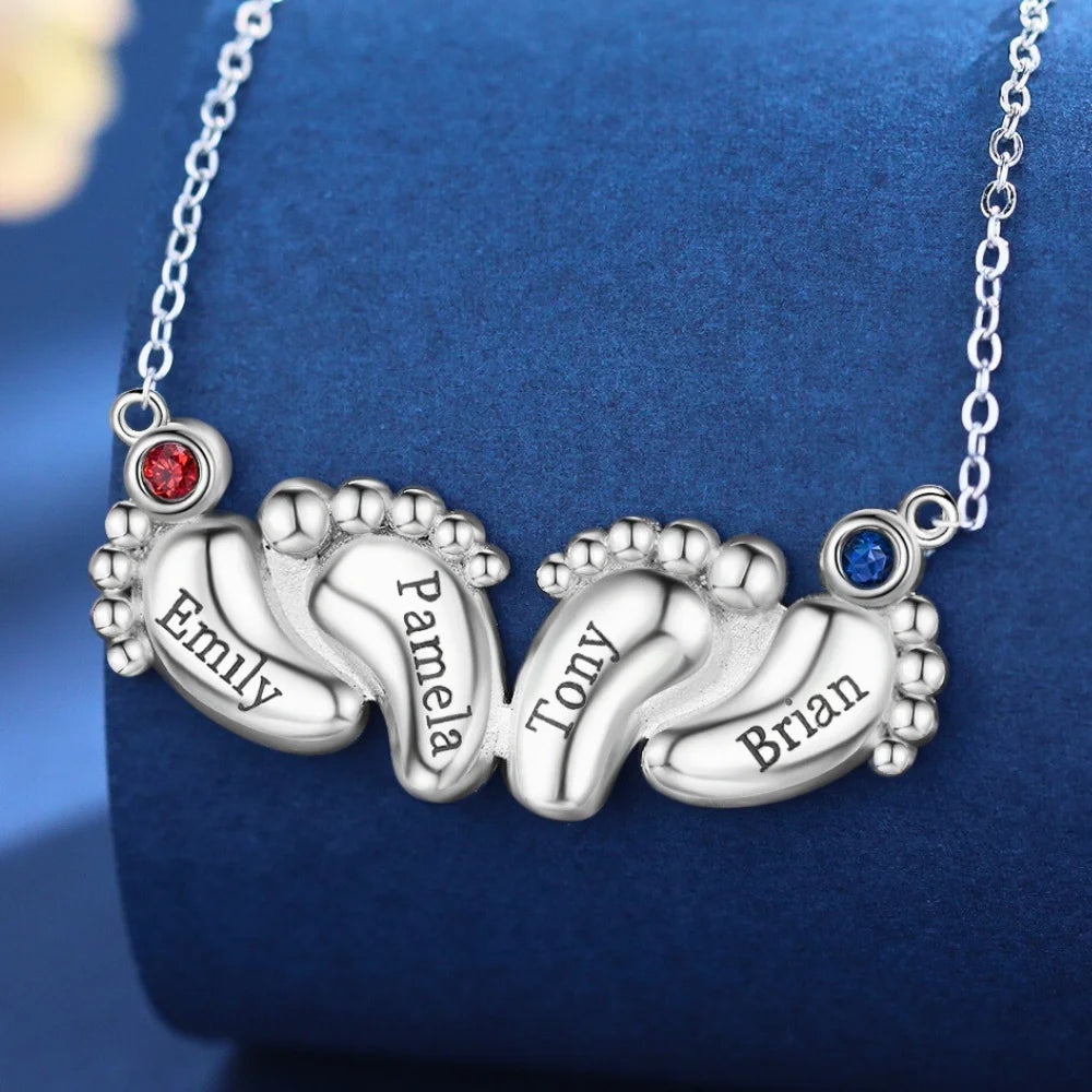 Baby Feet Mum Necklace, Mum Necklace with Names and Birthstones, Personalised Jewellery for Mums