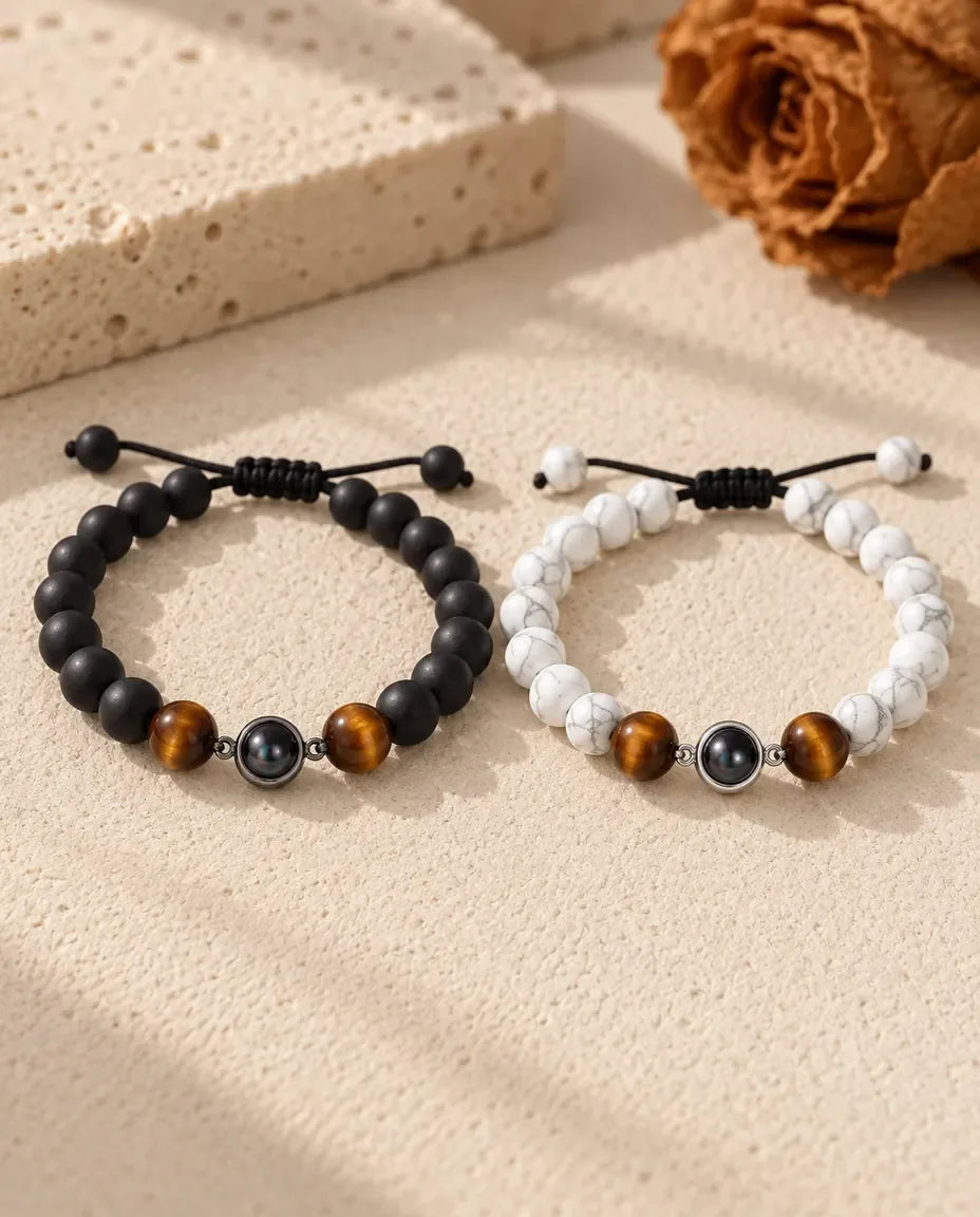 Photo Projection Bracelets for Couples - matching pair laid flat
