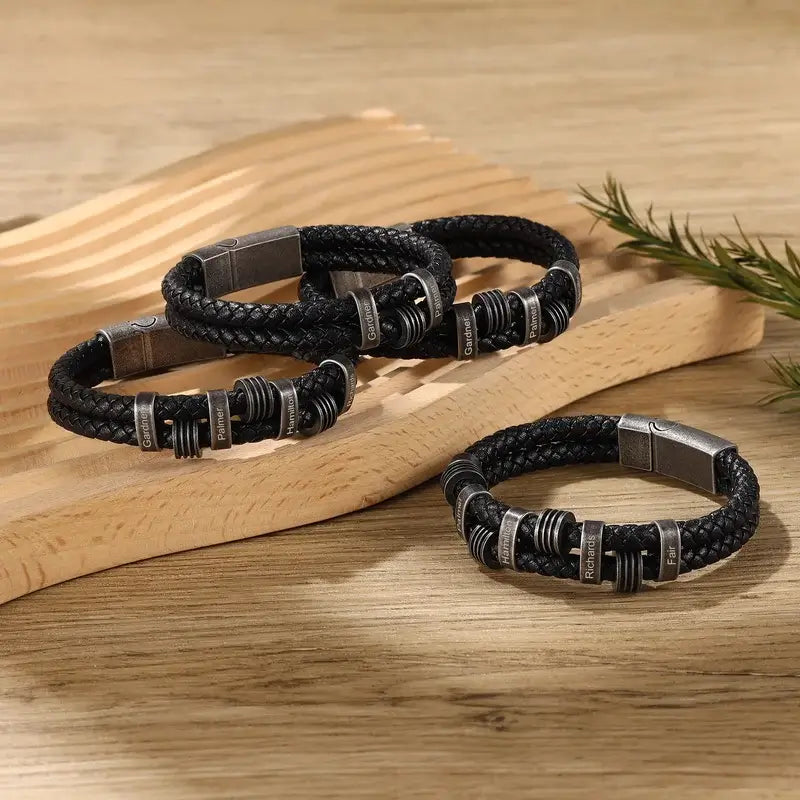 Personalised Engraved Name Beads Mens Leather Bracelet