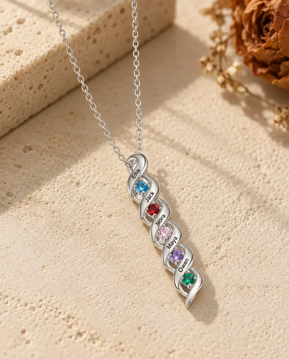 Personalised Name and Birthstone Necklace for Mum - front view in silver