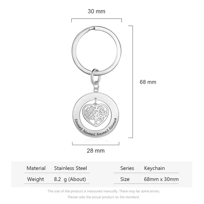 Personalised Engraved Ring Keyring with Heart Family Tree Charm