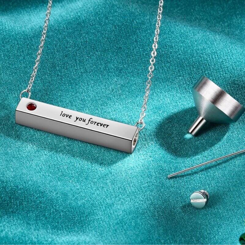 Personalised Engraved Tag Bar Ashes Necklace with Birthstone