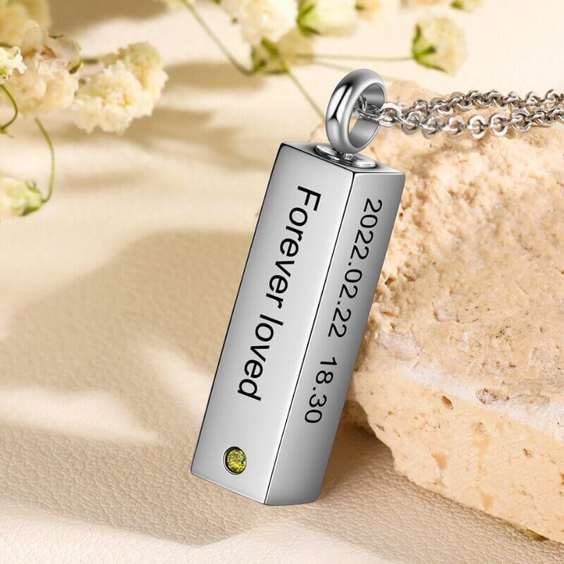 Personalised Engraved Vertical Bar Ashes Necklace with Birthstone
