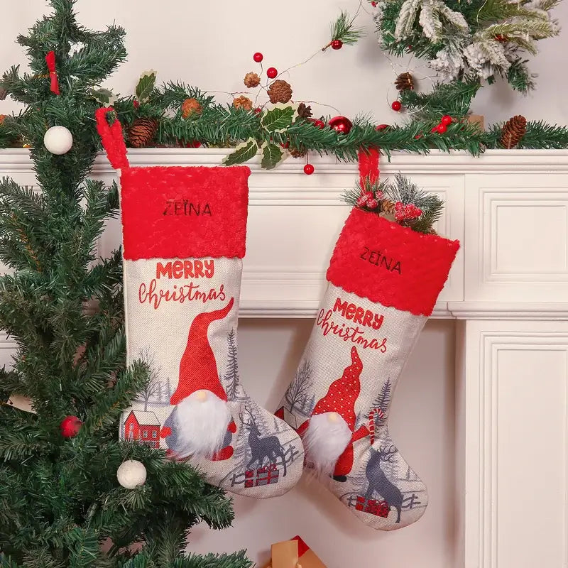 Personalised Gnomes Santa Christmas Stockings | Soft Classic Red And Fireplace Hanging For Family Holiday Xmas | 1pc