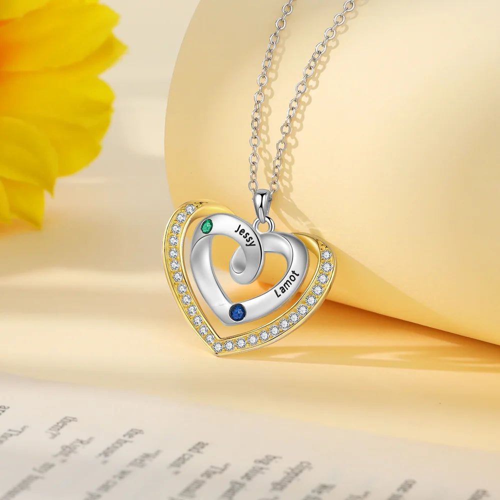 Personalised Heart Shaped Necklace with 2-4 Name and Birthstones, Personalised Necklace for Mum, Personalised Gift for Women