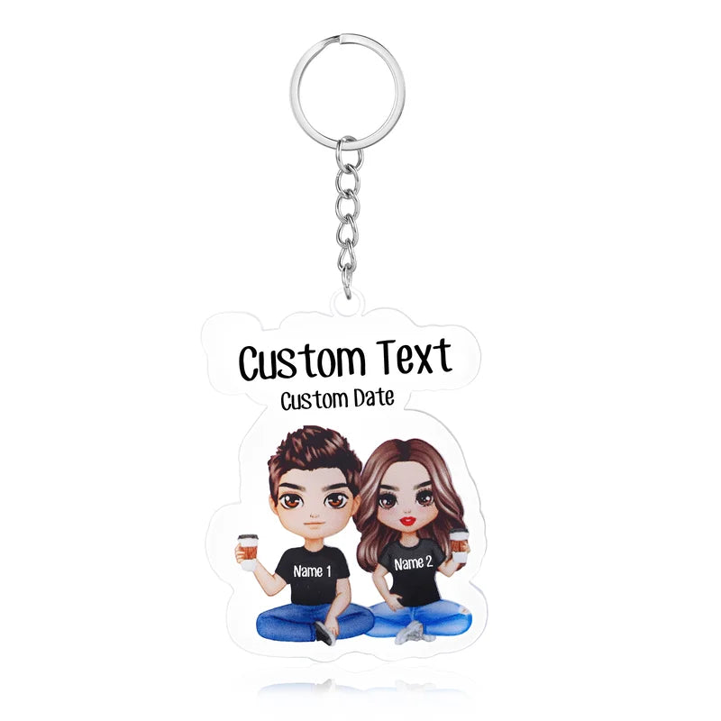 Personalised Keyring with Couple Cartoon | Personalised Year/Names/Text