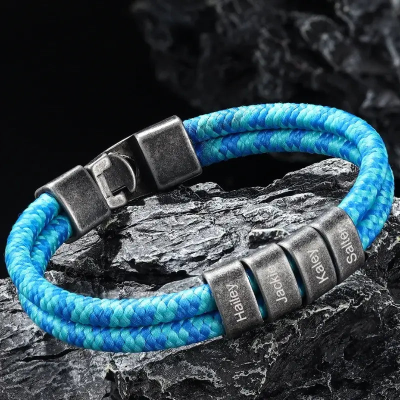 Personalised Men's Blue Nylon Bracelet with Stainless Steel Beads - Father's Day Gift
