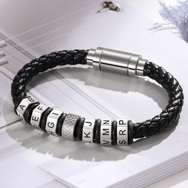 Personalised Men's Leather Beads Name Bracelet - Silver/Gold
