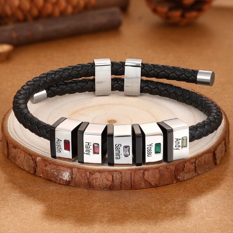 Personalised Men's Leather Birthstones Bracelet with Engraved Names