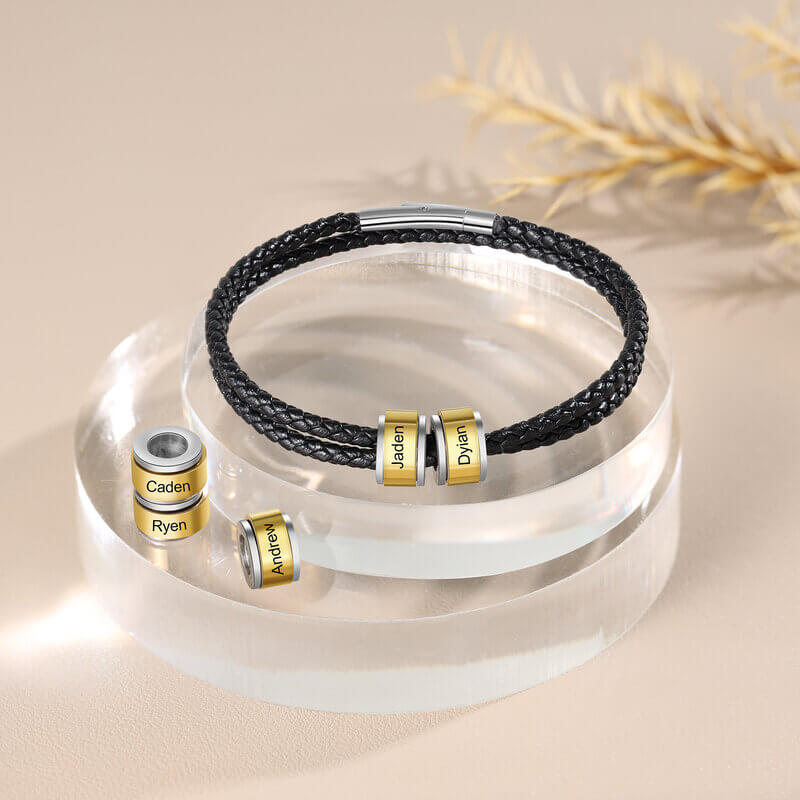 Personalised Men's Leather Bracelet - Engraved Names Bracelet 1-5 Gold Beads