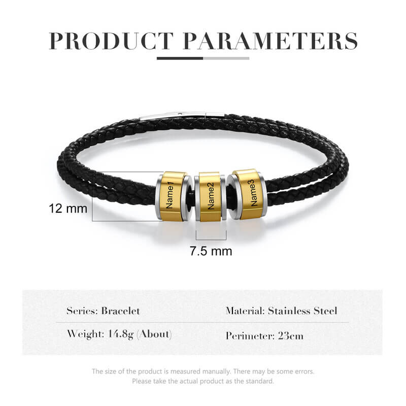 Personalised Men's Leather Bracelet - Engraved Names Bracelet 1-5 Gold Beads