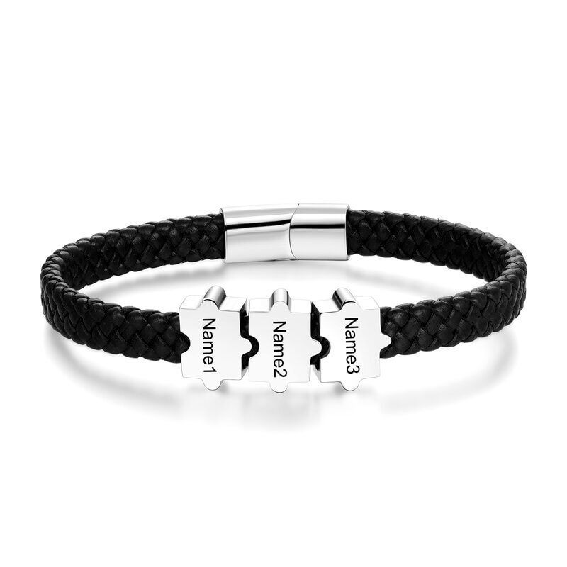 Personalised Men's Leather Bracelet with 2-5 Engraved Puzzle Beads